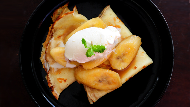 Crepe with Banana Flambe- an easy dessert that looks sophisticated and tastes divine.