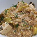Garlic Bulgur with Brussels Sprouts and Tofu- this easy bulgur recipe is great for cleansing post holiday eating or just as vegetarian comfort food.