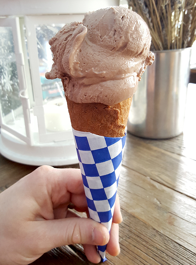 Caravaggio Gelato in Berkeley California has the best gelato in SF Bay Area. Pictured here is the Gianduja mix of hazelnut and chocolate in their homemade thin waffle cones.